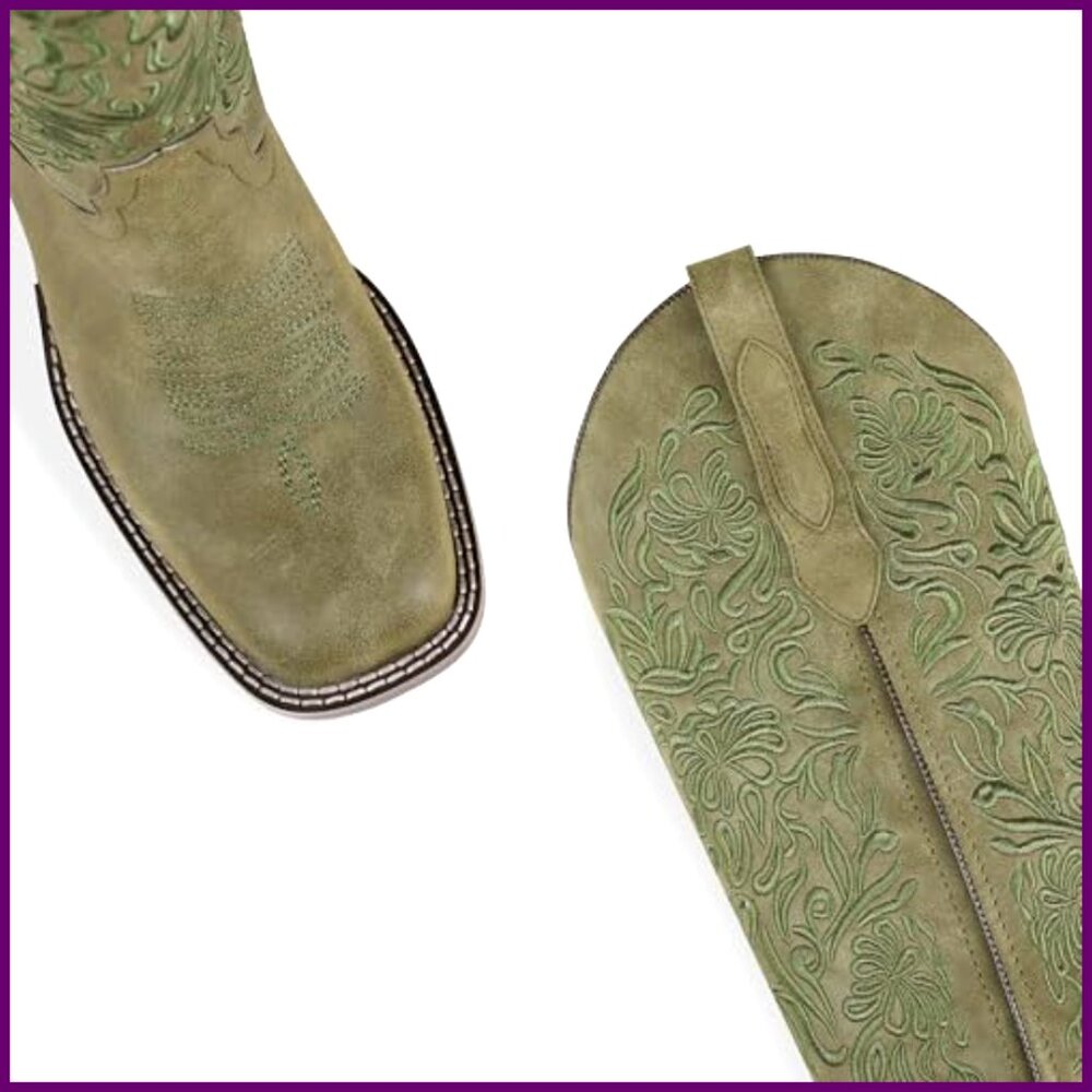 Women's Embroidered Knee-High Cowboy Boots, Square Toe, Low Heel, Pull-On - Picture 5 of 7
